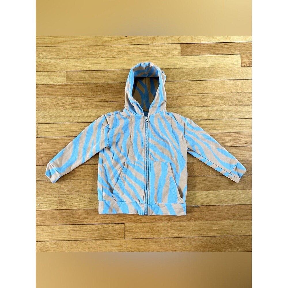 Moi Tan Blue Organic Cotton Iceland Zebra Stripe Zip Up Hoodie Sweatshirt 3-4